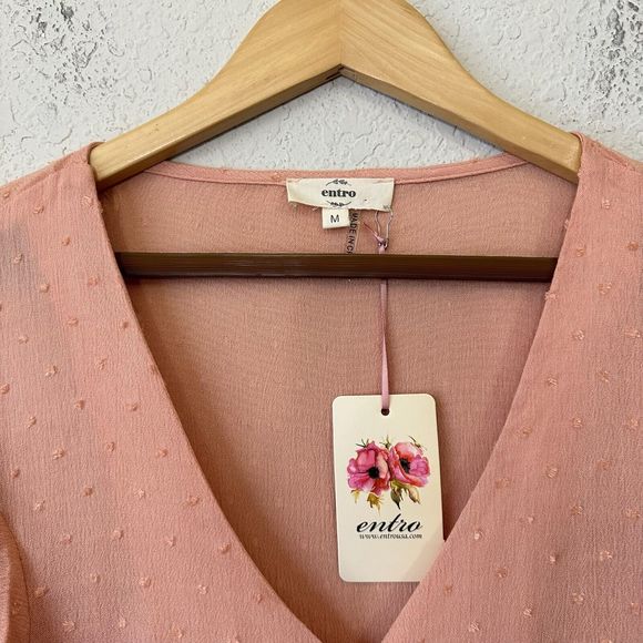 NWT ENTRO Ruffled Long Sleeve Tie Front V-Neck Blouse Top in Peach - Picture 5 of 9